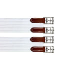 Three white straps with brown leather buckles on a white background