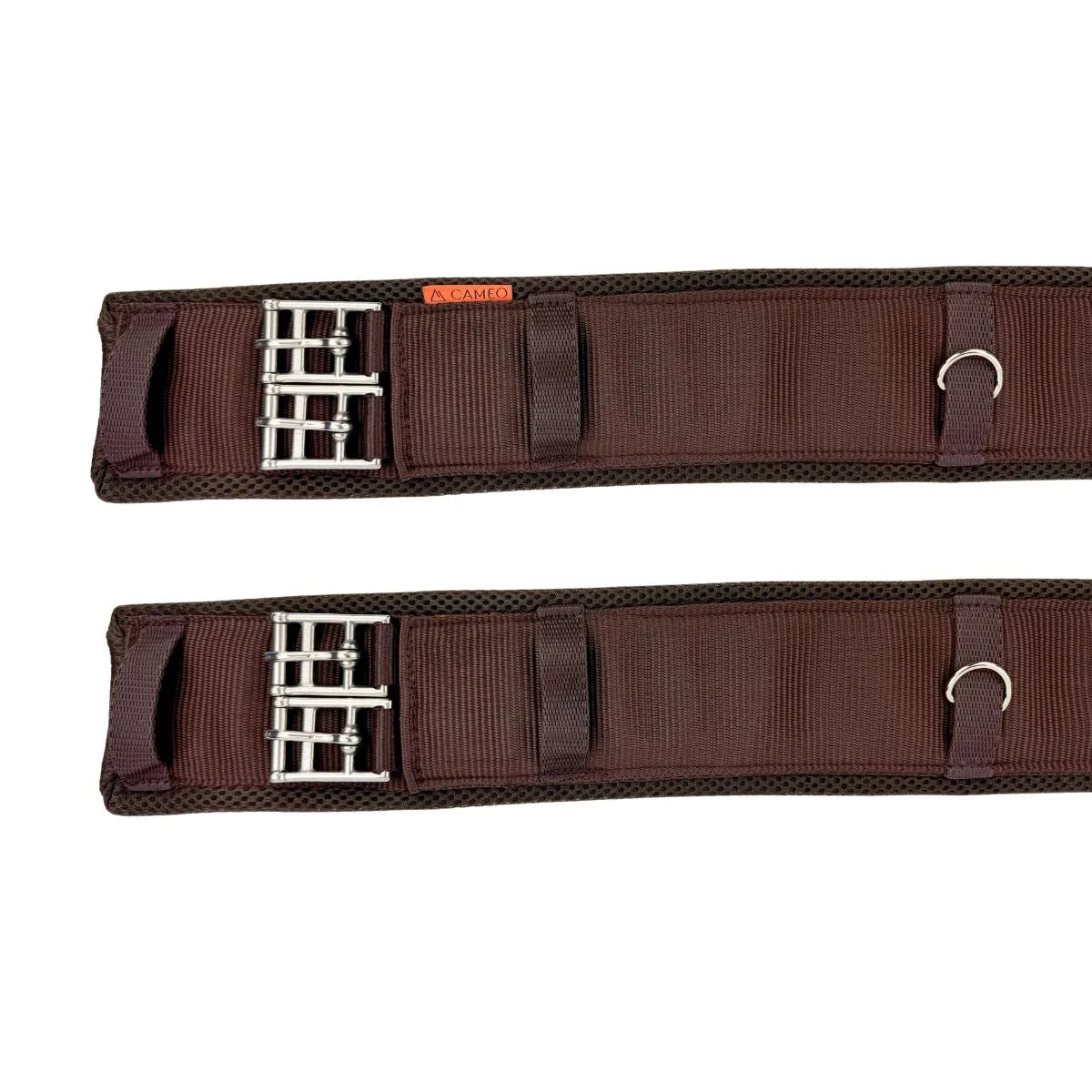 Pair of brown equestrian girth straps with metal buckles on a white background