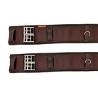 Pair of brown equestrian girth straps with metal buckles on a white background