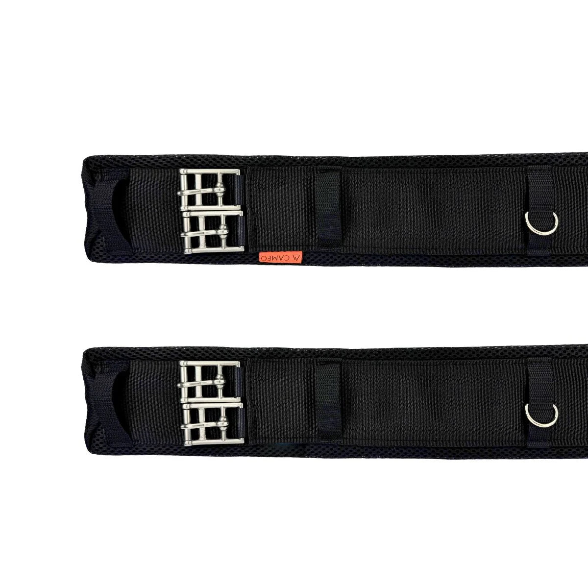 Two black nylon training belts with silver metal buckles and D-rings, displayed horizontally on a white background.
