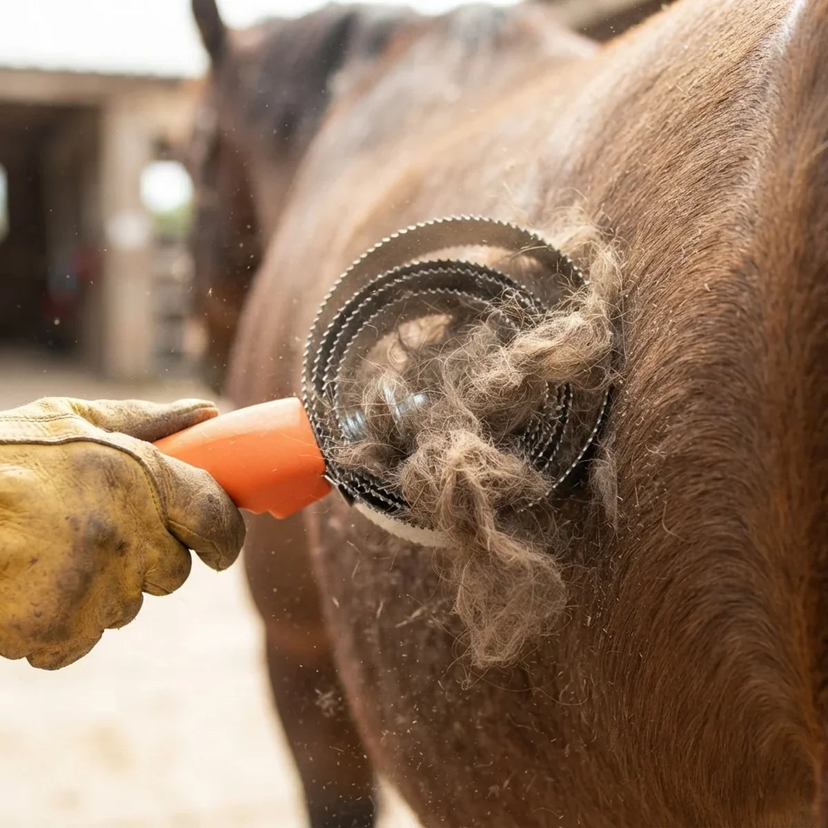A close-up action shot of a horse grooming brush being used on a brown horse's back. A person's hand wearing a yellow leather protective glove holds the brush, which has an orange handle and a black metal bristle head clogged with loose horse fur.