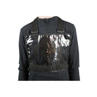 Black protective apron with reflective front panel on a white background