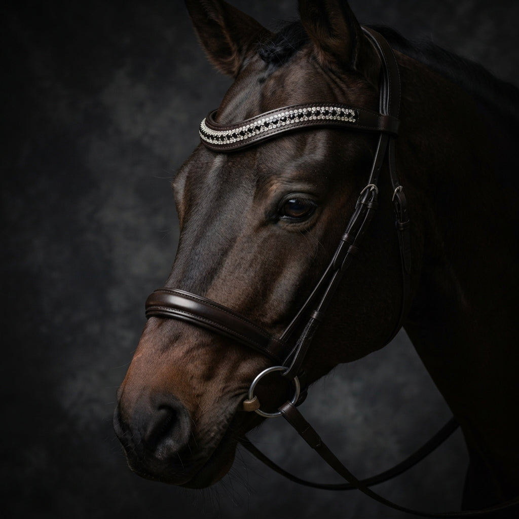 A close-up portrait of a dark brown horse wearing a leather bridle with a silver rhinestone-embellished CAMEO Icon browband, set against a dark smoky studio background.