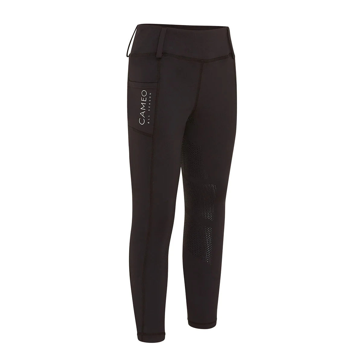 CAMEO All Season Riding Tights in Chocolate Brown featuring a deep thigh smartphone pocket and full-seat chevron silicone grip. Engineered with thermal brushed microfibre and 4-way compression stretch, these technical equestrian leggings provide superior in-saddle security and warmth for riders.