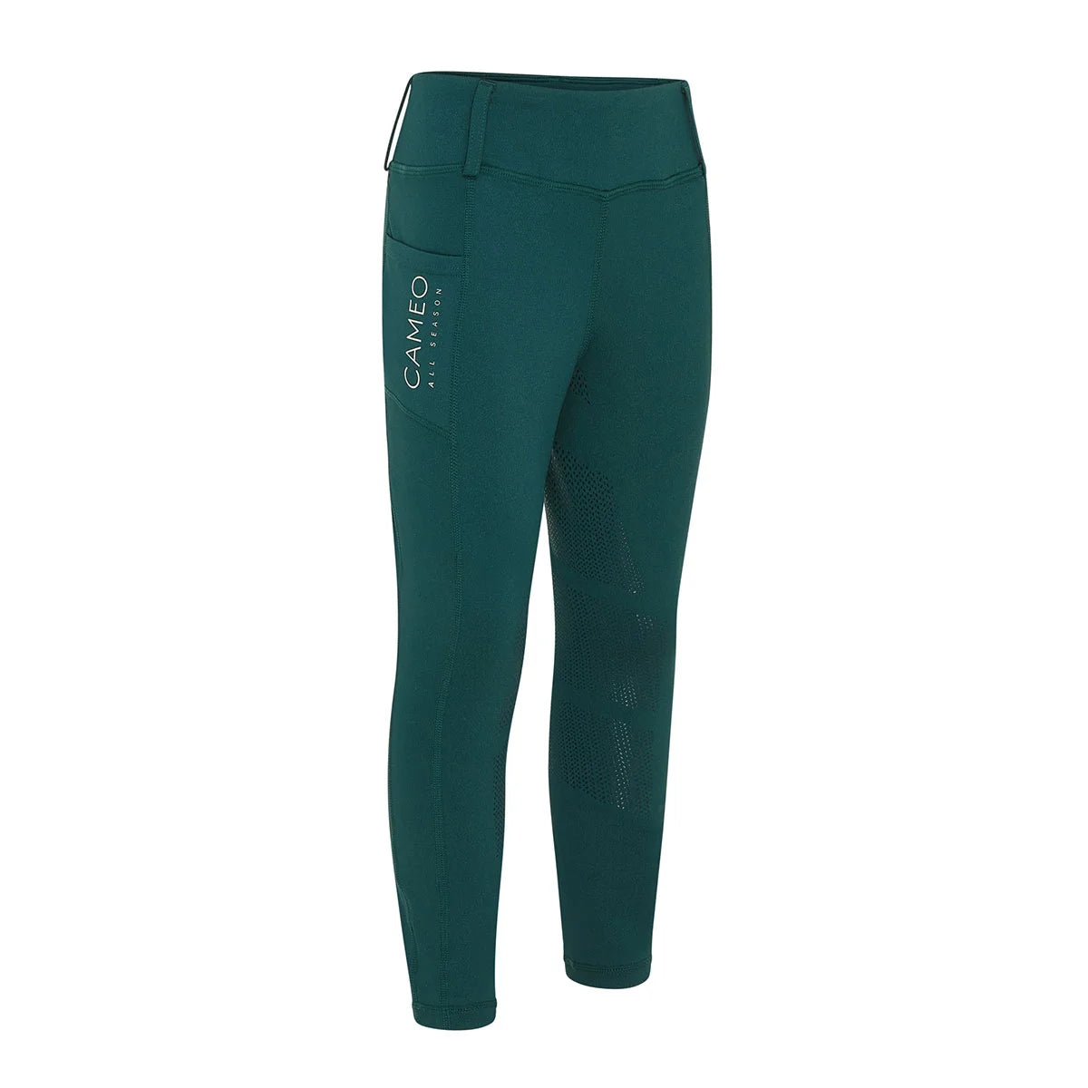CAMEO All Season Riding Tights in EverGreen featuring a deep drop-in smartphone pocket and a full-seat chevron silicone grip for elite in-saddle security. These technical equestrian leggings include a high-rise core-supporting waistband and thermal brushed lining for all-weather comfort.