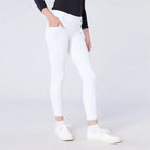 CAMEO All Season Riding Tights in White featuring a deep ergonomic thigh smartphone pocket for competition use. Worn by a junior rider, these technical equestrian leggings include a high-rise core-supporting waistband, thermal brushed lining, and full-seat silicone grip for show-day performance.