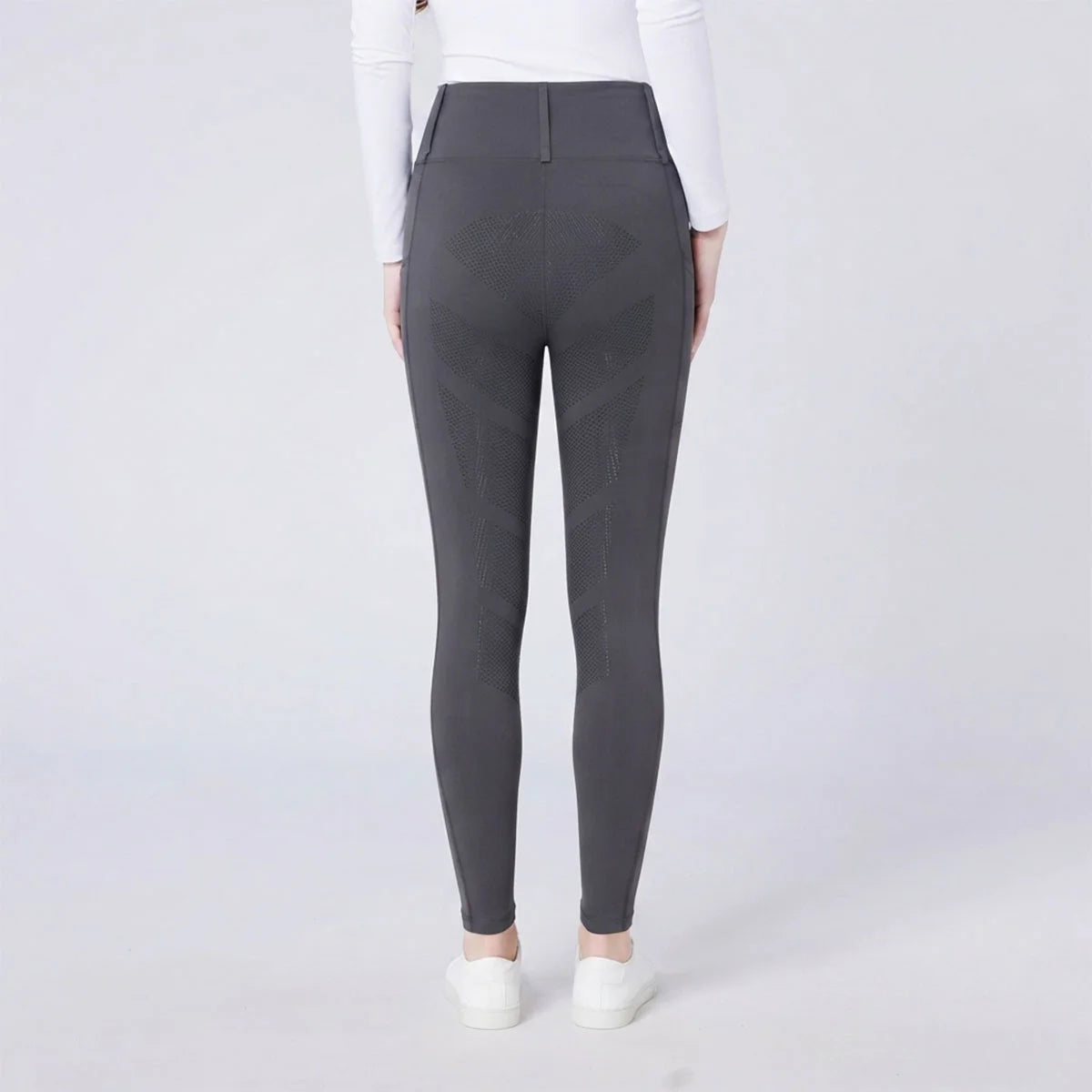 CAMEO All Season Tights in Dark Grey featuring a high-rise core-supporting waistband and an innovative full-seat chevron silicone grip pattern for maximum in-saddle stability. These technical equestrian riding tights include a thermal brushed lining and flat-lock seams for professional UK performance.