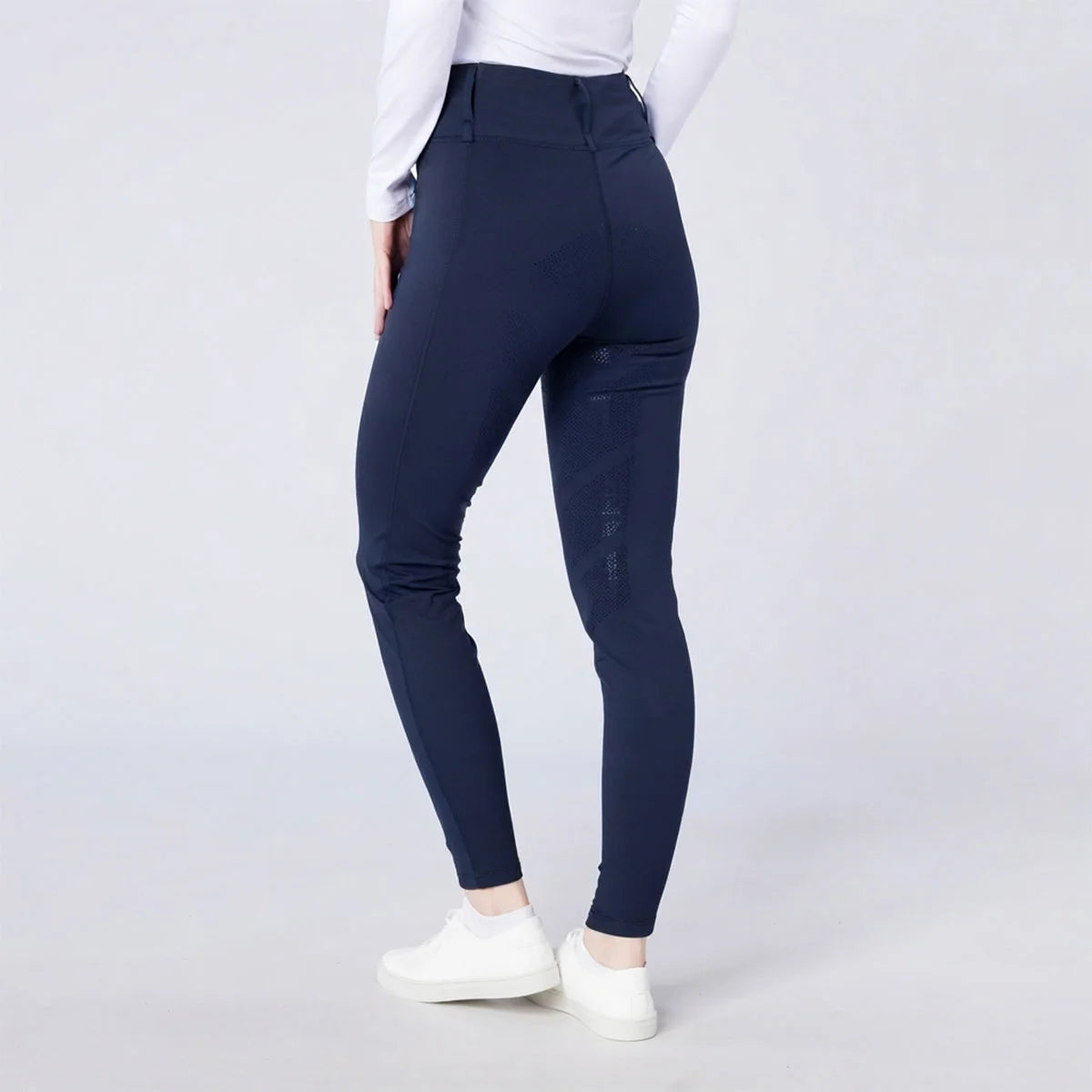 CAMEO All Season Tights in Navy featuring a high-rise core-supporting waistband and an innovative full-seat chevron silicone grip for maximum in-saddle stability. These technical equestrian riding tights include a thermal brushed lining and flat-lock seams for professional UK performance.