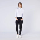 CAMEO All Season Tights in Black featuring a high-rise core-supporting waistband and technical 4-way compression stretch. These premium equestrian riding tights include a full-seat chevron silicone grip for in-saddle stability and a thermal brushed fleece lining for all-weather training in the UK.