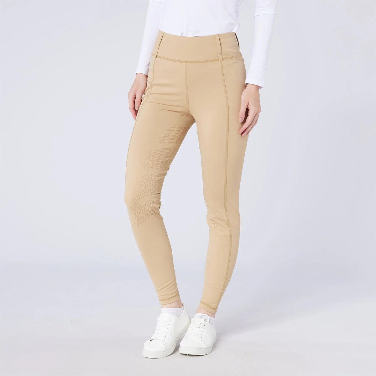 CAMEO All Season Tights in Beige featuring a high-rise core-supporting waistband and a full-seat chevron silicone grip for superior in-saddle stability. These technical equestrian riding tights include ergonomic flat-lock seams and thermal brushed lining for all-weather performance in the UK.