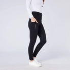 CAMEO All Season Tights in Black featuring a deep ergonomic thigh smartphone pocket and innovative full-seat chevron silicone grip. These high-performance equestrian riding tights include a core-supporting high-rise waistband and thermal brushed fleece lining for all-weather riding in the UK.
