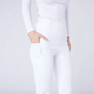 CAMEO All Season Tights in White featuring a deep ergonomic thigh smartphone pocket and high-rise core-supporting waistband. These technical competition riding tights are designed with 4-way compression stretch, thermal brushed lining, and reinforced belt loops for elite equestrian performance.