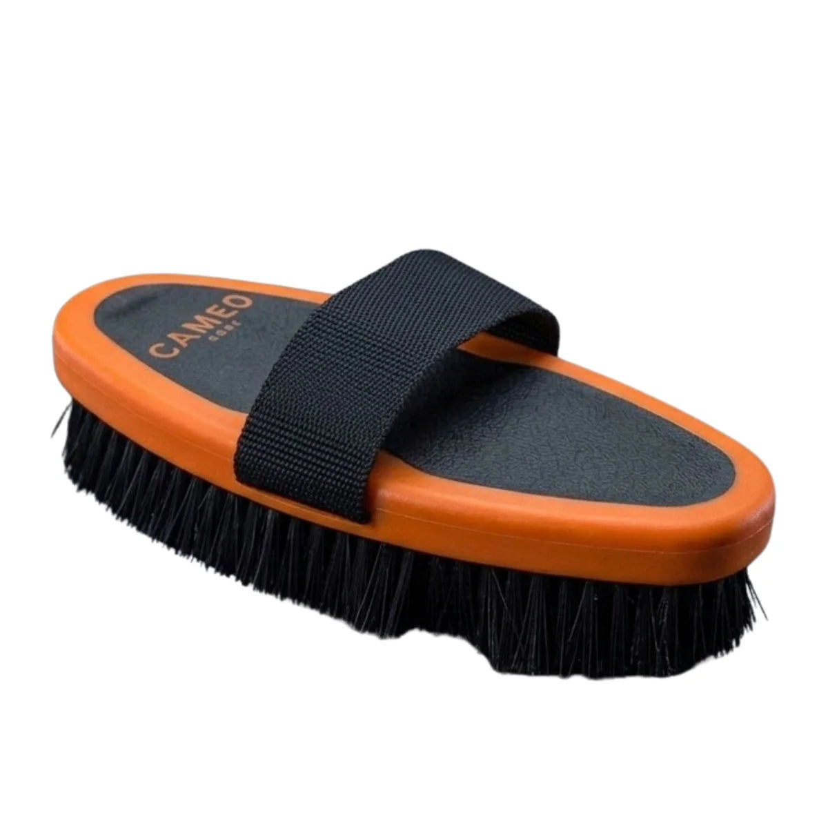 CAMEO Body Brush in Orange featuring a secure woven hand strap and soft dense bristles for comfortable equine grooming.