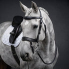 A close-up of a gray horse wearing a black leather bridle and reins, with a white quilted saddle pad and dark saddle visible against a dark gray studio background.