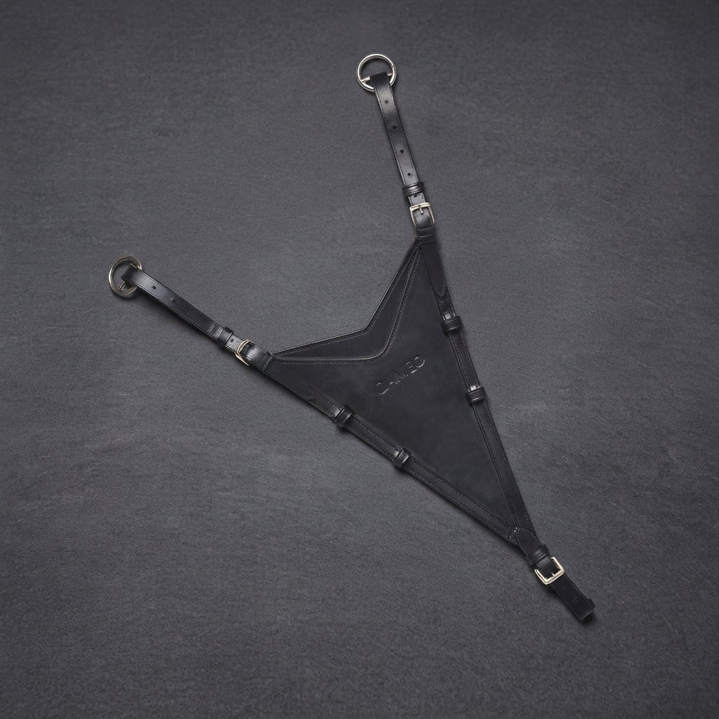A black leather bib martingale with adjustable straps, metal buckles, and two circular D-rings, laid flat on a dark grey textured surface with CAMEO embossed on the leather