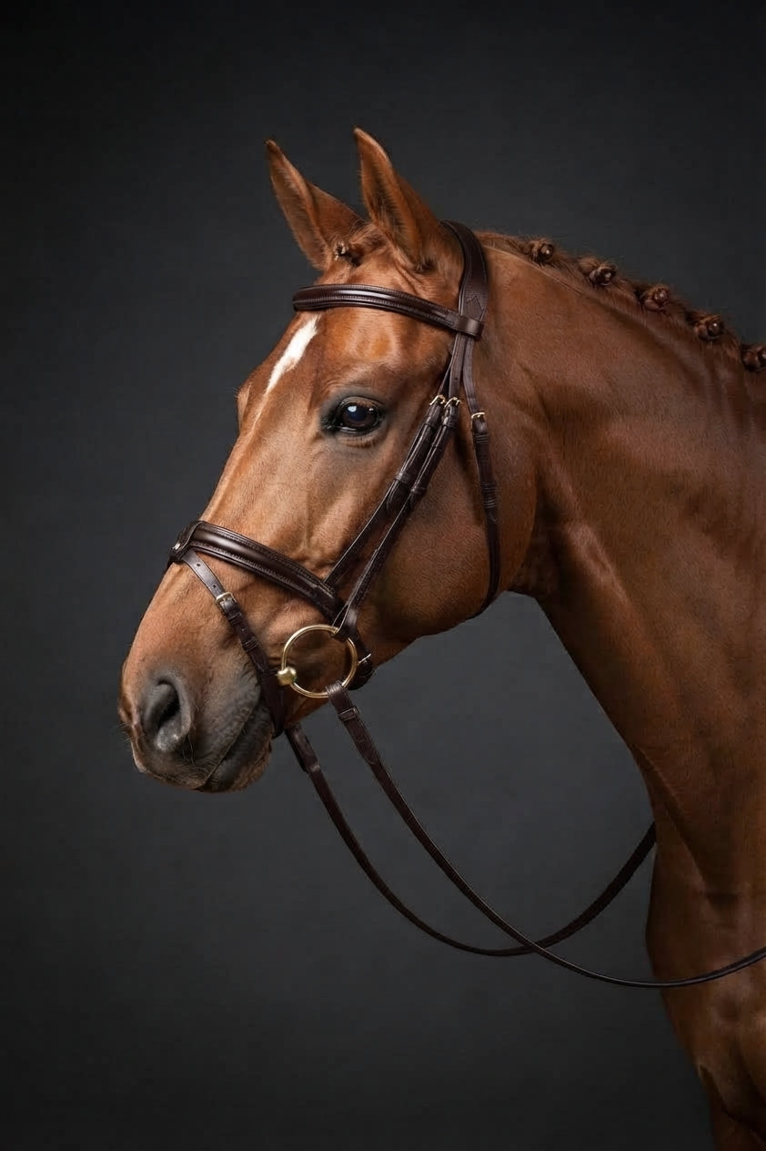 A brown horse in profile wearing a dark brown leather bridle with silver-toned metal rings, photographed against a dark charcoal studio background.