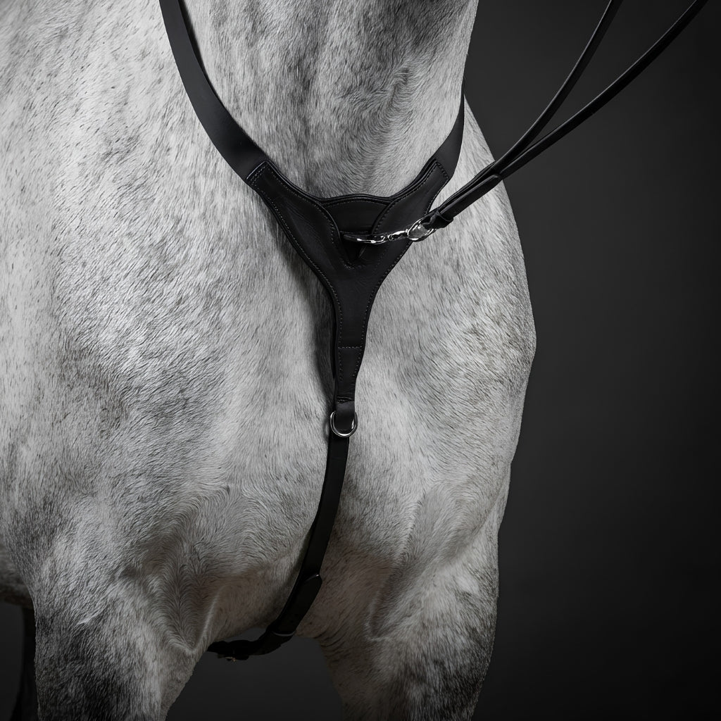 front image of shoulders of a grey horse wearing a CAMEO black leather breastplate. dark grey background
