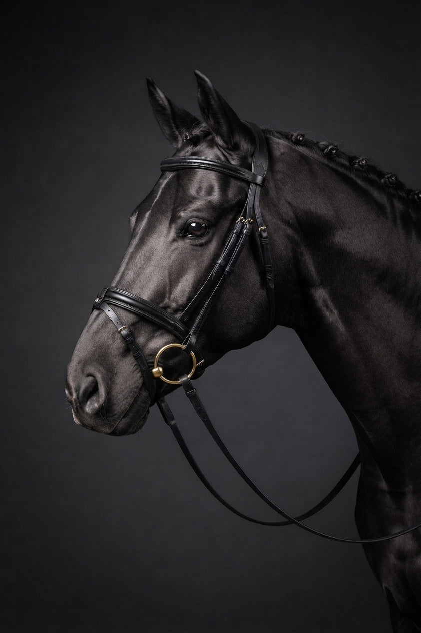 A black horse in profile wearing a black leather bridle with silver-toned metal hardware, photographed against a dark charcoal studio background.