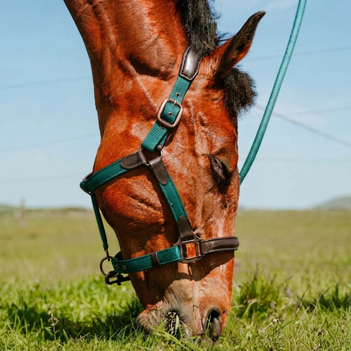 CAMEO ComfortPro Headcollar in EverGreen worn by a grazing bay horse in the field, showcasing the anatomical padded noseband, weather-proof green webbing, brown leather accents, and heavy-duty metal hardware engineered to prevent poll pressure and skin rubbing.