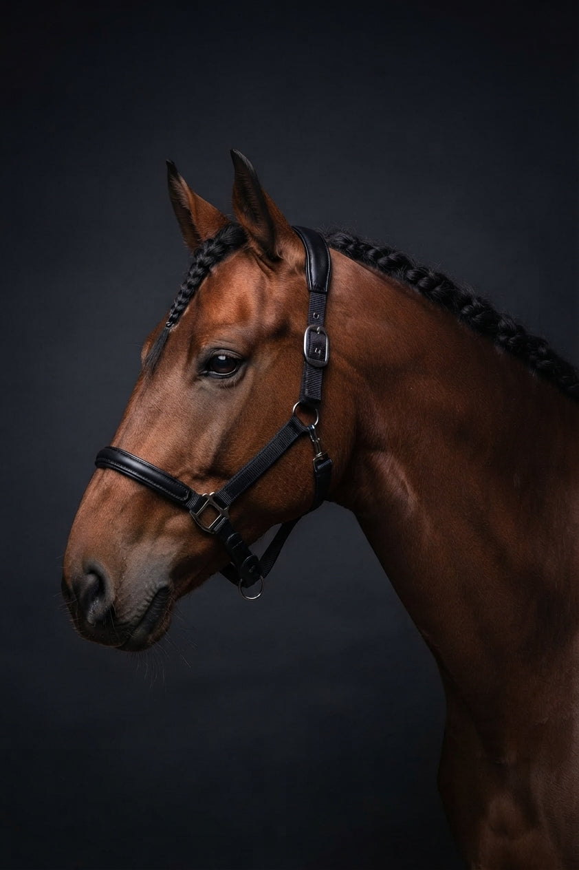 A brown horse in profile wearing a black leather bridle against a dark studio background.