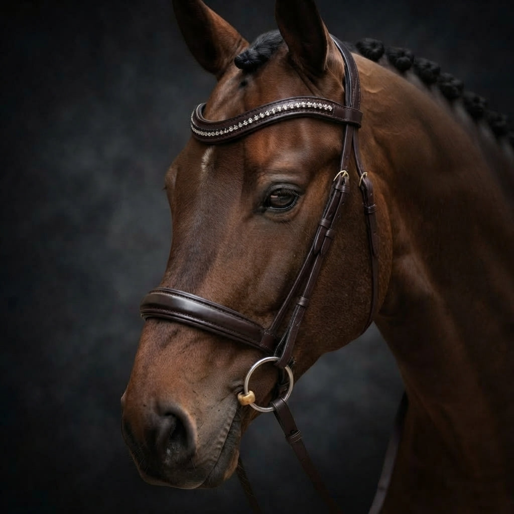 A close-up portrait of a brown horse wearing a Cameo dark brown leather bridle with silver decorative studs, set against a dark textured studio background.