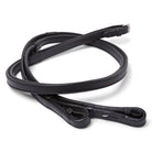 A black leather rein with inside grip with silver metal snap hooks, neatly coiled on a clean white background.