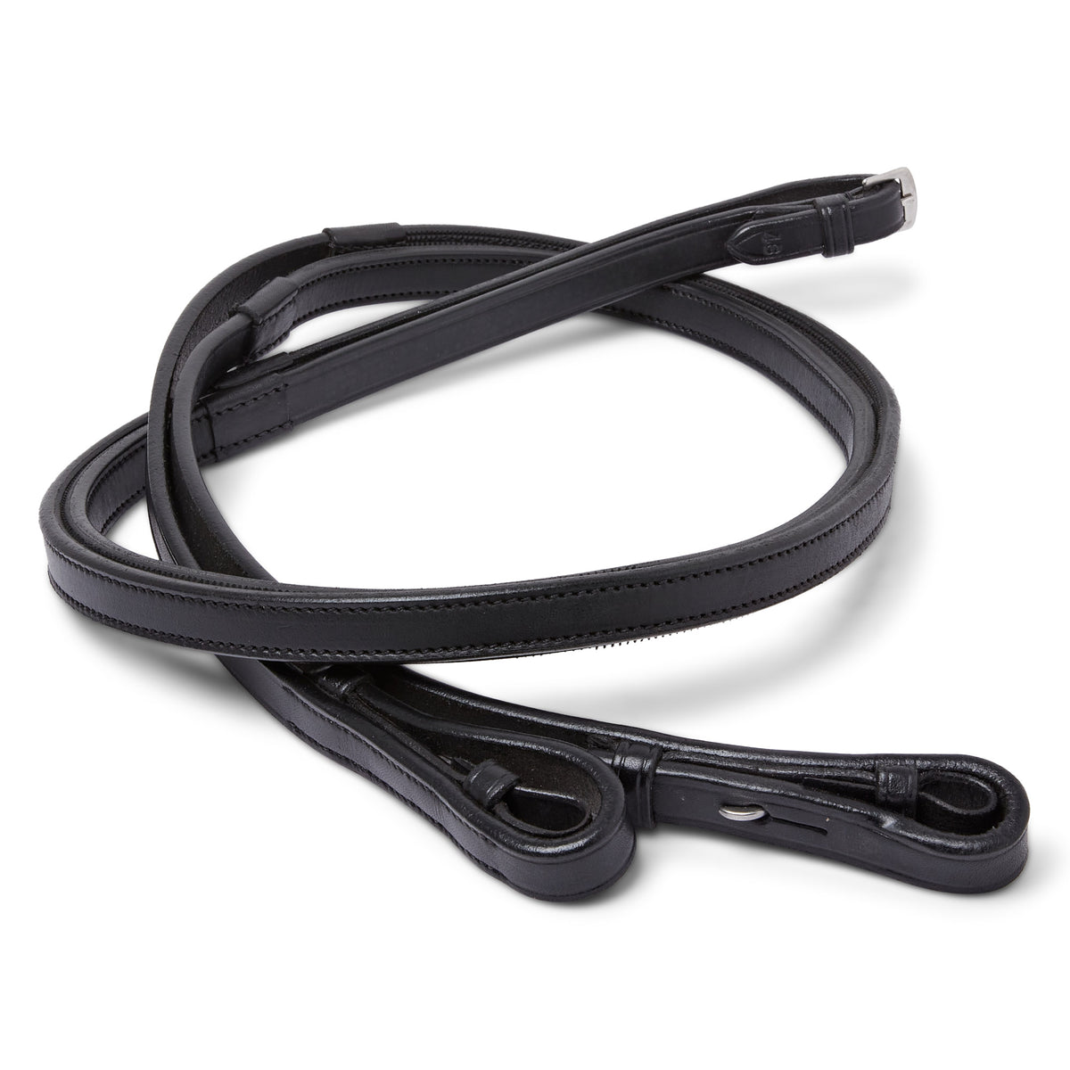 A black leather rein with inside grip with silver metal snap hooks, neatly coiled on a clean white background.