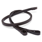 A dark brown leather rein with inside grip with a silver metal tip and matching leather loop, coiled on a clean white background.