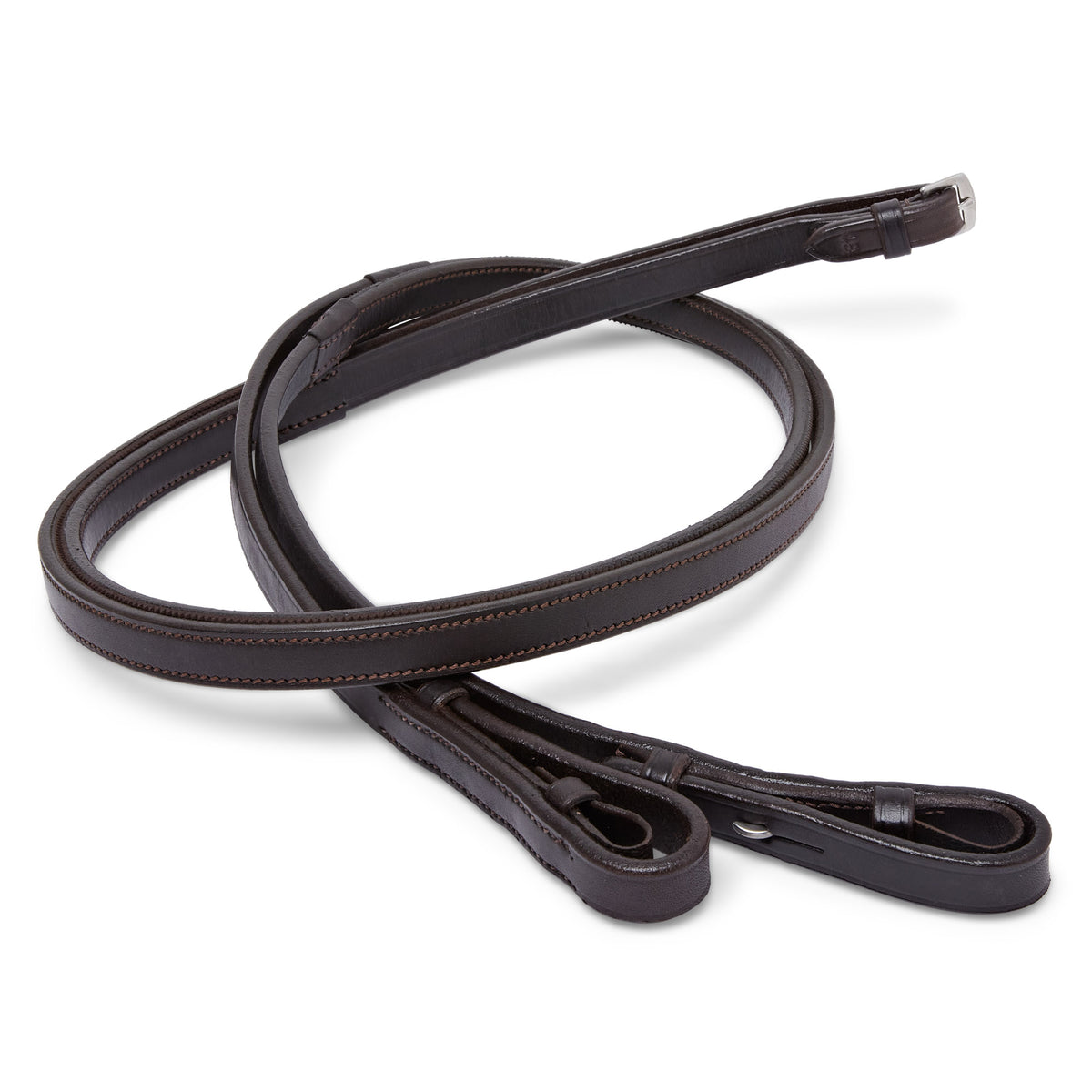 A dark brown leather rein with inside grip with a silver metal tip and matching leather loop, coiled on a clean white background.