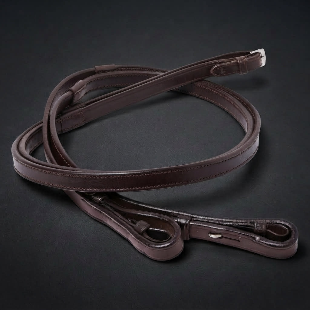 A dark brown leather reins with inside grip with silver metal accents, coiled on a dark gray background.
