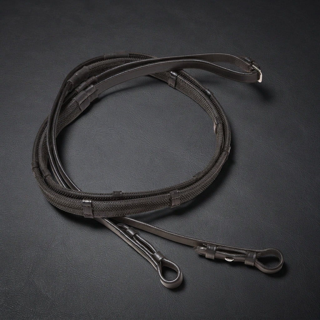 A black rubber grip leather reins, coiled on a dark textured background. with silver metal fittings