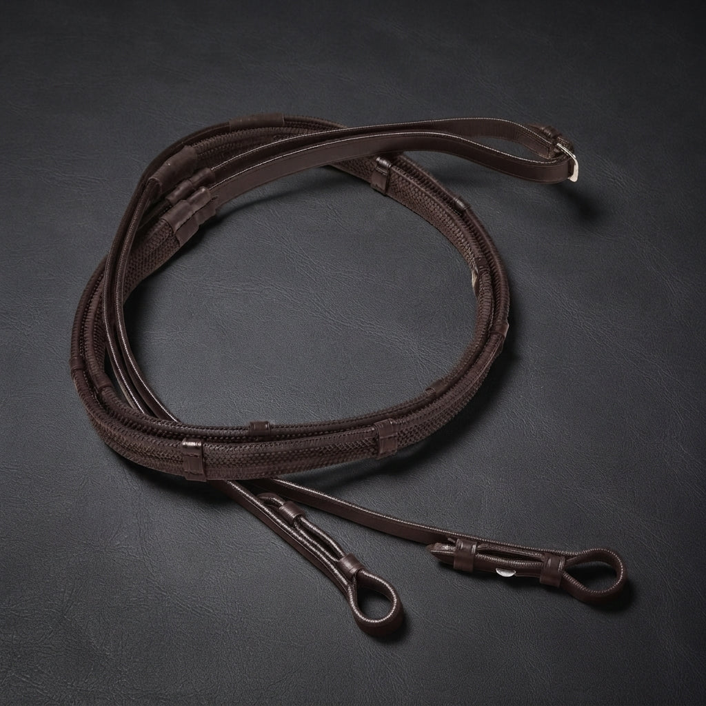A dark brown leather rubber grip rein with a straight bit loop and a curb bit loop, coiled on a dark textured background.