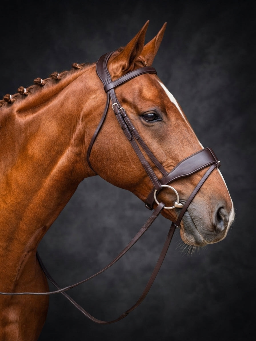 A close-up side profile of a brown horse wearing a dark brown leather bridle with metal rings, set against a dark textured studio background.