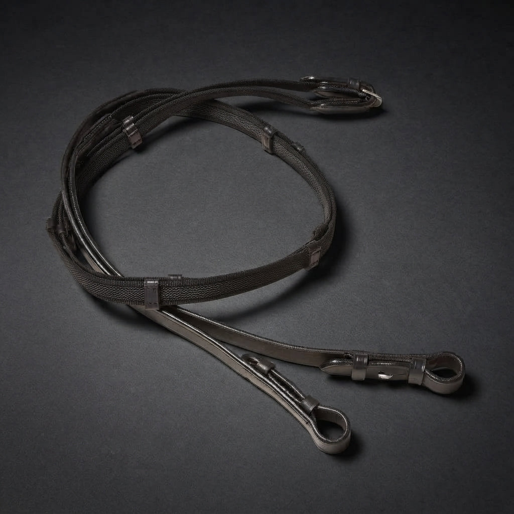 CAMEO Super Grip Reins in black featuring durable web and leather construction with hook and stud closures.