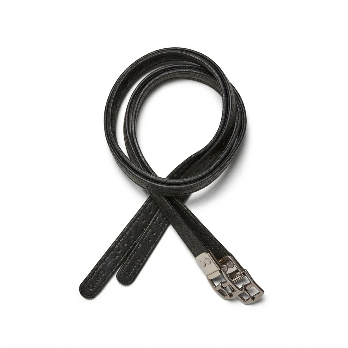 CAMEO Competition Calfskin Stirrup Leathers in Black featuring curved stainless steel buckles and supple non-stretch leather.
