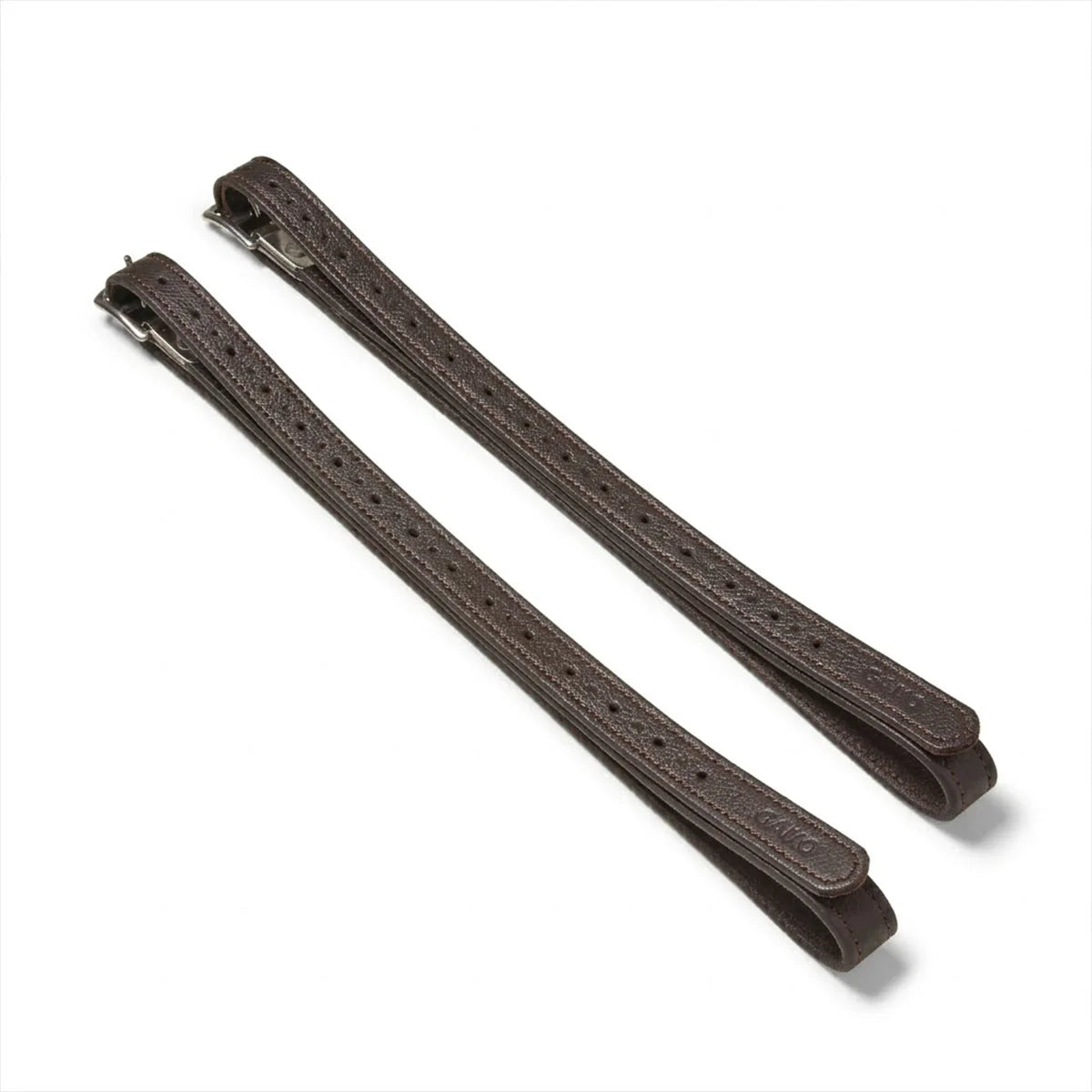 CAMEO Competition Calfskin Stirrup Leathers in Dark Brown with numbered holes and anti-stretch core for balanced saddle symmetry.