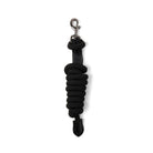 CAMEO Competition Leather Leadrope in Black showcasing a coiled 16mm thick multi-filament braided rope, debossed leather sleeve, gunmetal swivel trigger clip, and stitched leather popper for burn-free grip, ringside presentation, and horse travel.