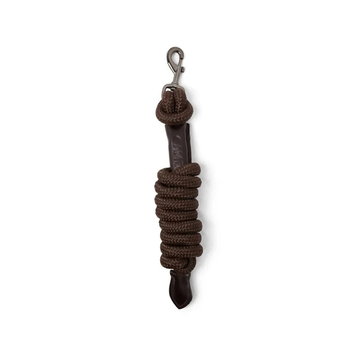 CAMEO Competition Leather Leadrope in Brown showcasing a coiled 16mm thick multi-filament braided rope, debossed leather sleeve, gunmetal swivel trigger clip, and stitched leather popper for burn-free grip, ringside presentation, and horse travel.