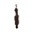 CAMEO Competition Leather Leadrope in Brown showcasing a coiled 16mm thick multi-filament braided rope, debossed leather sleeve, gunmetal swivel trigger clip, and stitched leather popper for burn-free grip, ringside presentation, and horse travel.