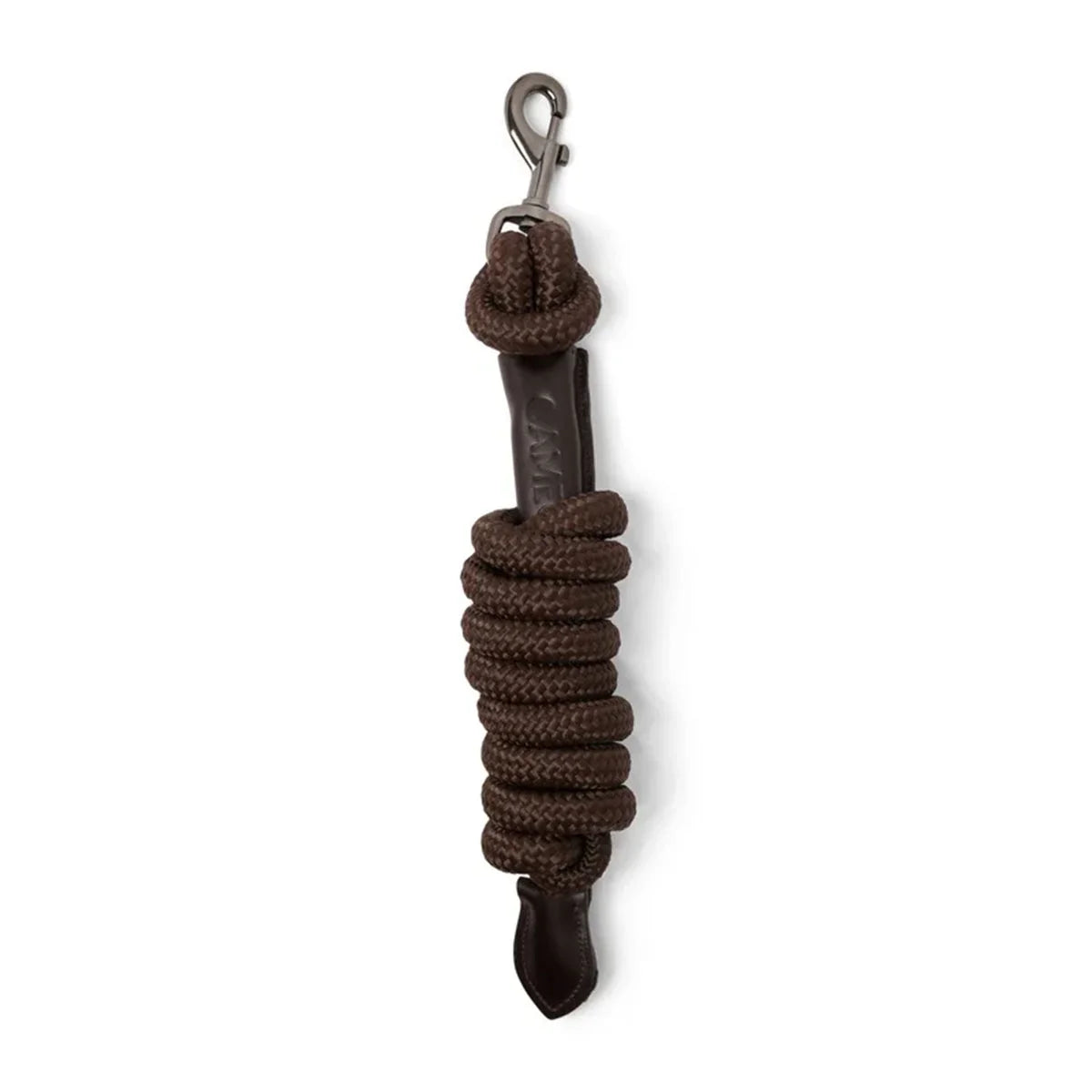 CAMEO Competition Leather Leadrope in Brown showcasing a coiled 16mm thick multi-filament braided rope, debossed leather sleeve, gunmetal swivel trigger clip, and stitched leather popper for burn-free grip, ringside presentation, and horse travel.
