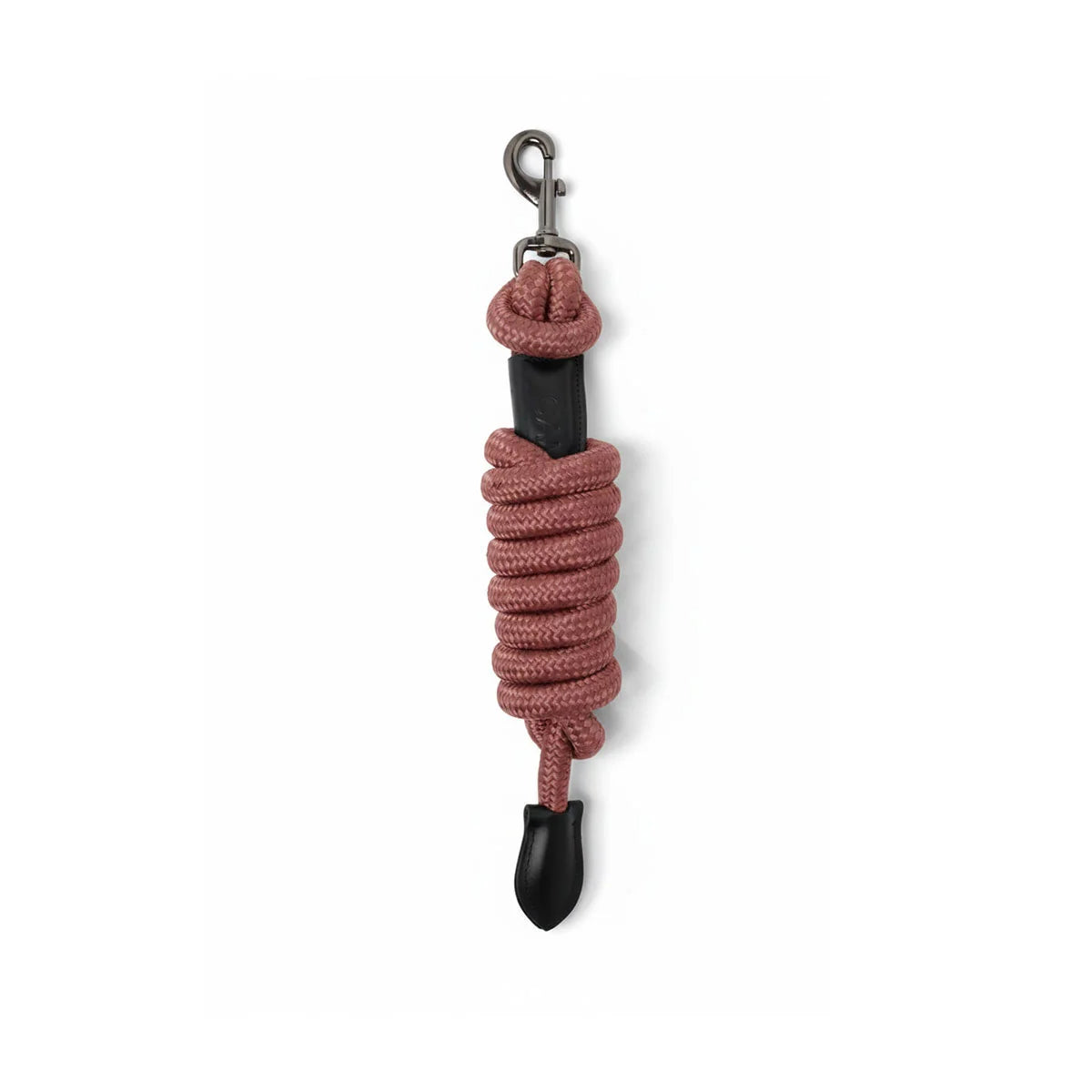 CAMEO Competition Leather Leadrope in Dusky Pink showcasing a coiled 16mm thick multi-filament braided rope, debossed leather sleeve, gunmetal swivel trigger clip, and stitched leather popper for burn-free grip, ringside presentation, and horse travel.