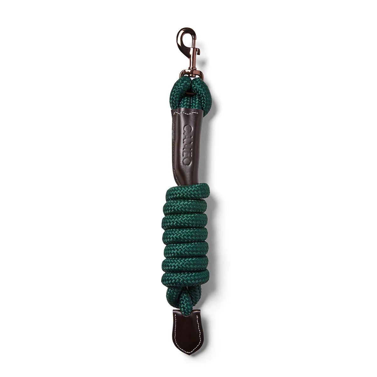 CAMEO Competition Leather Leadrope in EverGreen showcasing a coiled 16mm thick multi-filament braided rope, debossed brown leather sleeve, bronze swivel trigger clip, and stitched leather popper for burn-free grip, ringside presentation, and horse travel.