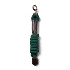 CAMEO Competition Leather Leadrope in EverGreen showcasing a coiled 16mm thick multi-filament braided rope, debossed brown leather sleeve, bronze swivel trigger clip, and stitched leather popper for burn-free grip, ringside presentation, and horse travel.