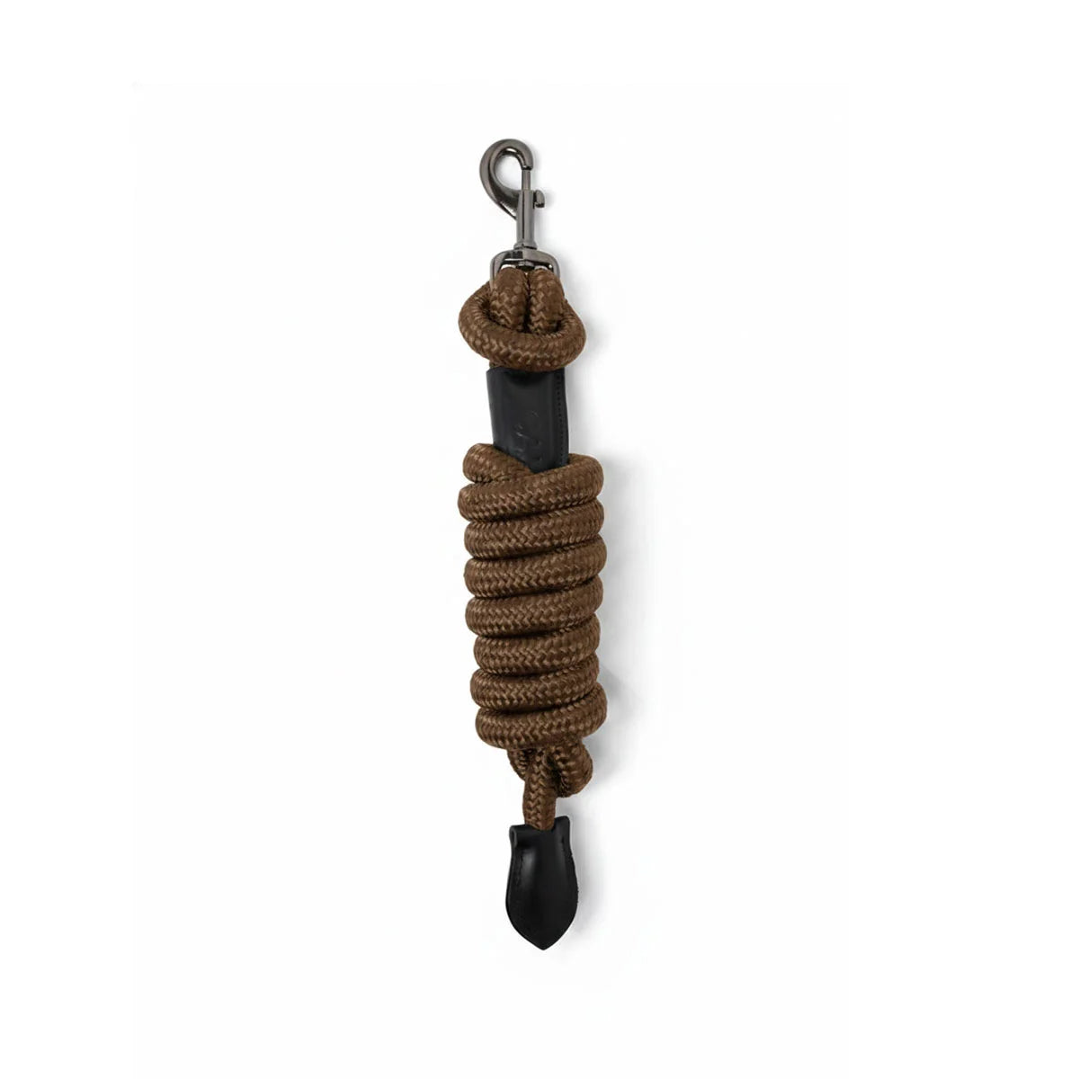 CAMEO Competition Leather Leadrope in Mocha showcasing a coiled 16mm thick multi-filament braided rope, debossed leather sleeve, gunmetal swivel trigger clip, and stitched leather popper for burn-free grip, ringside presentation, and horse travel.