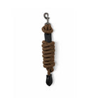 CAMEO Competition Leather Leadrope in Mocha showcasing a coiled 16mm thick multi-filament braided rope, debossed leather sleeve, gunmetal swivel trigger clip, and stitched leather popper for burn-free grip, ringside presentation, and horse travel.