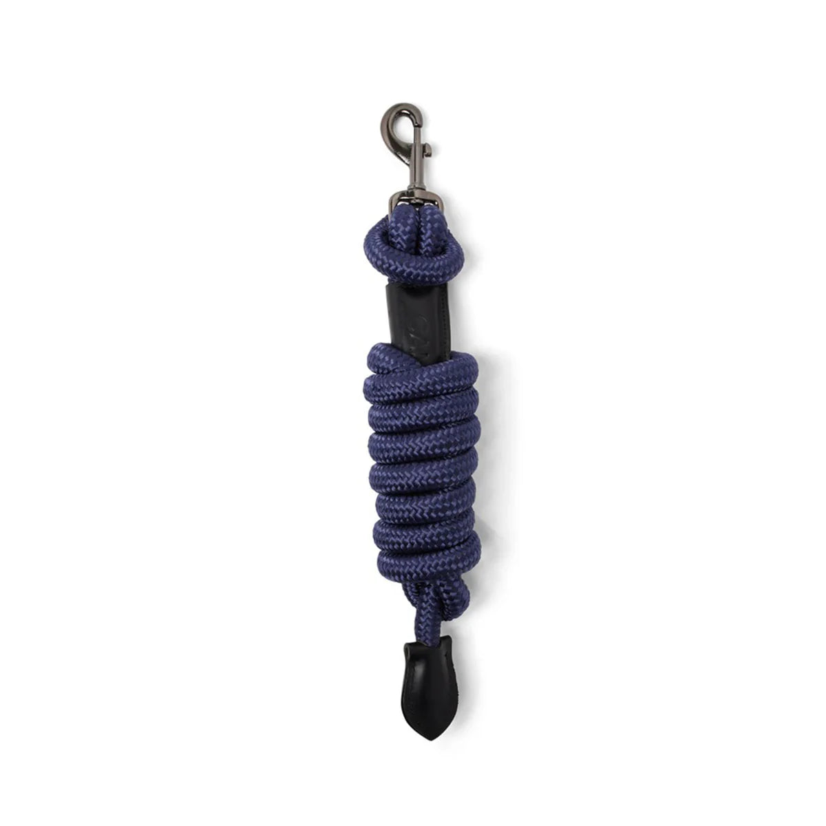 CAMEO Competition Leather Leadrope in Navy showcasing a coiled 16mm thick multi-filament braided rope, debossed leather sleeve, gunmetal swivel trigger clip, and stitched leather popper for burn-free grip, ringside presentation, and horse travel.