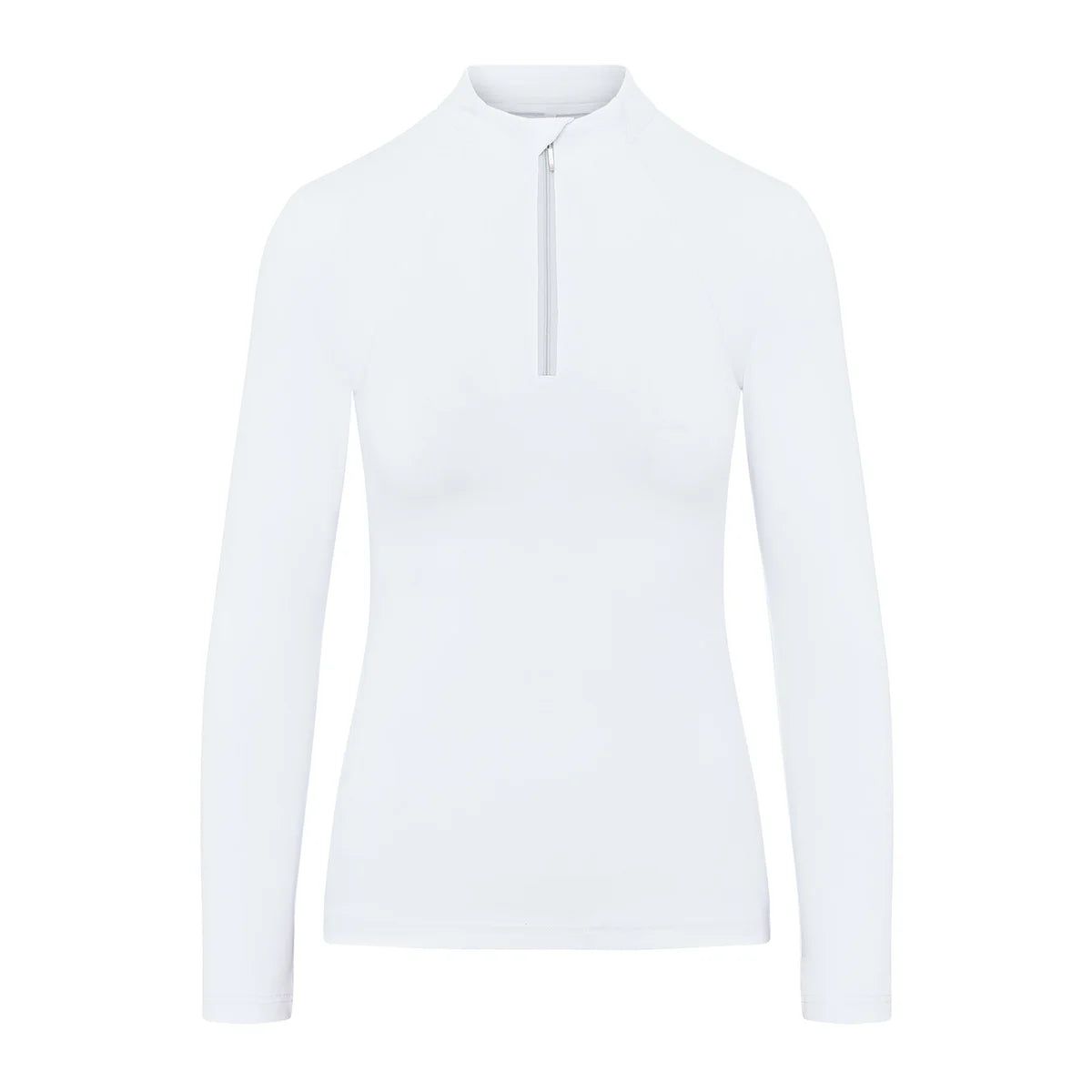 CAMEO Core Collection Baselayer in White featuring a tailored silhouette and a technical quarter-zip stand collar with a protective chin guard. Designed with CameoTech 4-way stretch fabric and anti-chafing flat-lock seams, this professional equestrian top is ideal for British competition days.