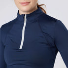 CAMEO Core Collection Baselayer in Navy featuring a contrast white quarter-zip and ergonomic stand collar with a protective chin guard. This technical equestrian top showcases premium flat-lock seams and moisture-wicking CameoTech fabric for maximum comfort and thermoregulation during riding.