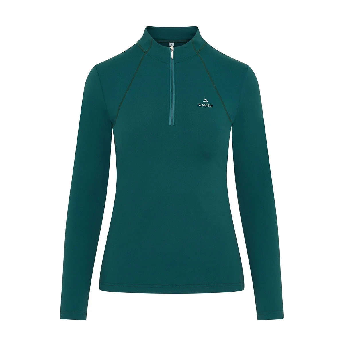 CAMEO Core Collection Baselayer in Evergreen featuring high-performance CameoTech 4-way stretch fabric and a tailored feminine silhouette. This professional equestrian top includes an ergonomic quarter-zip stand collar, moisture-wicking technology, and anti-chafing flat-lock seams for elite performance.