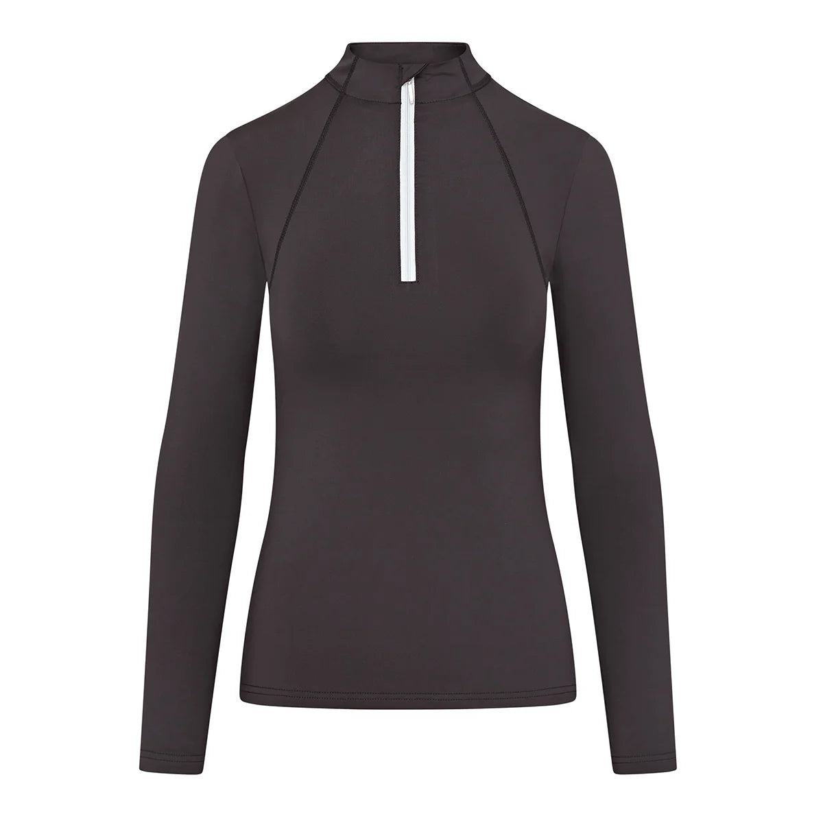 CAMEO Core Collection Baselayer in Black featuring a striking contrast white quarter-zip and a professional tailored silhouette. Engineered with technical CameoTech 4-way stretch fabric, this premium equestrian top provides active thermoregulation, moisture-wicking comfort, and anti-chafing flat-lock seams for riders in the UK.